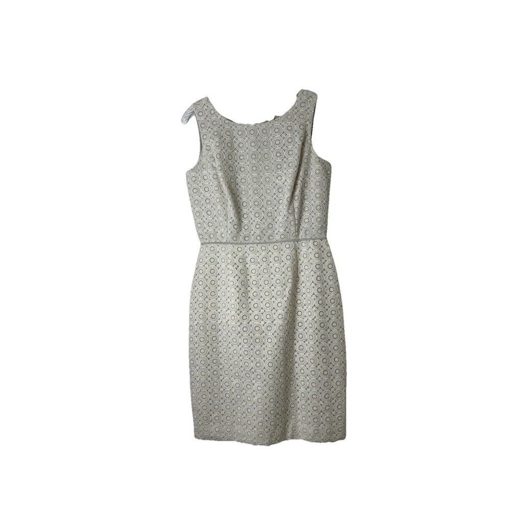 Cremieux Women Gray Sleeveless Column Dress‎ Sz 6 White Embroidered Lace Overlay